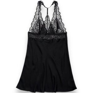 Adore Me Zandy Jet Black Satin Skirt Lace Racerback Top Classic Sexy Slip